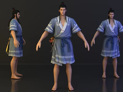 3D Model Male Character In Blue Traditional Sash Costume Different Angles 3d model