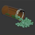Open Orange Pill Bottle With Light Blue Pills Spilled On Dark Surface 3d model