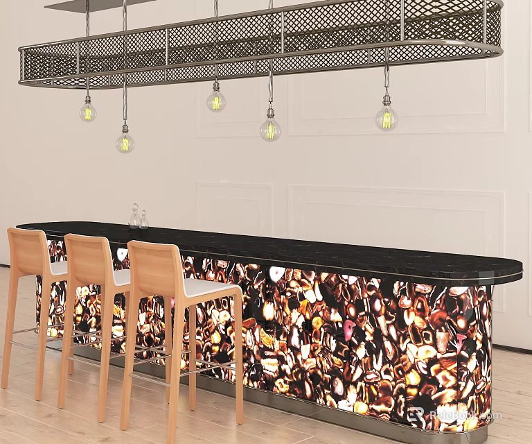 Modern Bar Interior With Black Countertop Colorful Mosaic Design Wooden Stools And Hanging Pendant Lights 3d model 