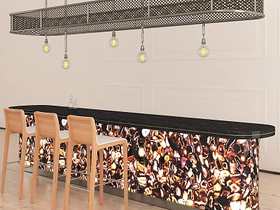 Modern Bar Interior With Black Countertop Colorful Mosaic Design Wooden Stools And Hanging Pendant Lights 3d model