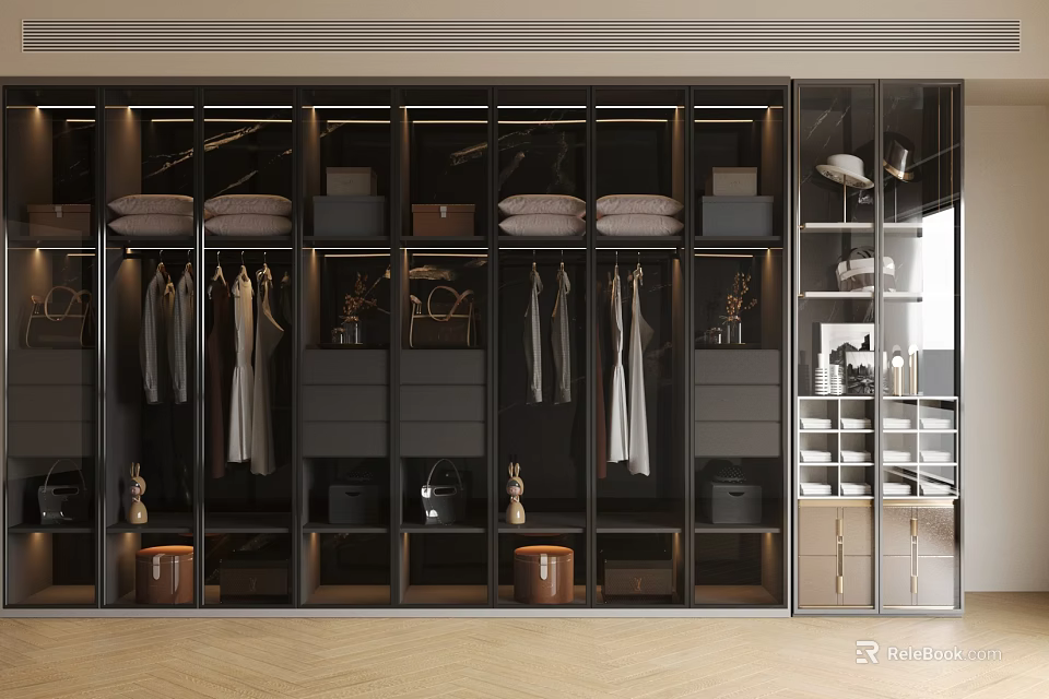 Modern Wardrobe Interior Design With Glass Doors Hanging Clothes Drawers And Shelves 3d model 