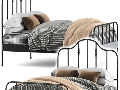Stylish Black Metal Frame Double Bed With Striped Checkered Sheets Brown White Pillows And Beige Blanket 3d model