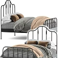 Stylish Black Metal Frame Double Bed With Striped Checkered Sheets Brown White Pillows And Beige Blanket