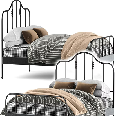 Stylish Black Metal Frame Double Bed With Striped Checkered Sheets Brown White Pillows And Beige Blanket 3d model