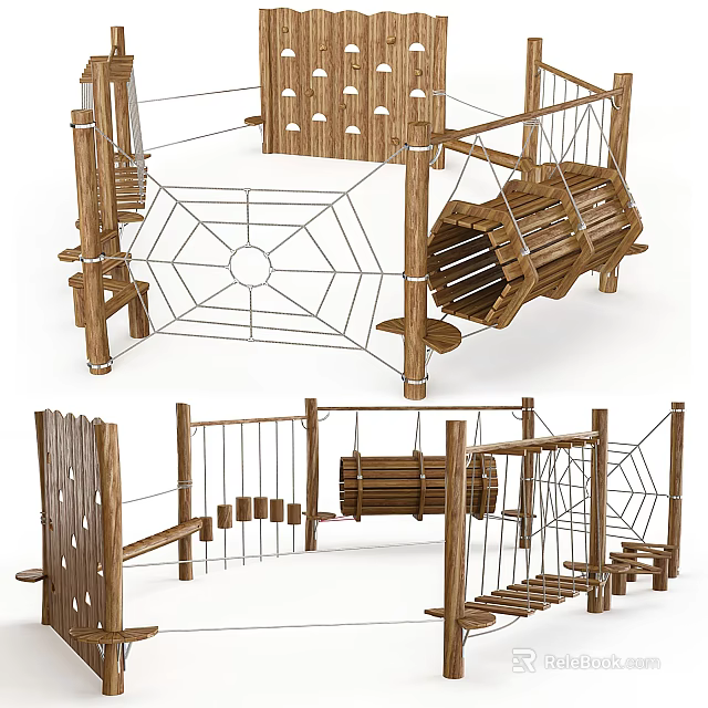 Wooden Playground Equipment With Climbing Net Cylinder Balance Beam And Rope Elements 3d model 
