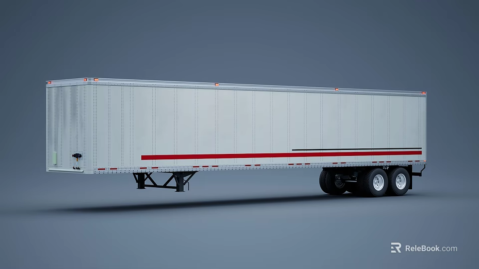 White Semi Cargo Trailer With Red Stripe And Black Wheels On Gray Background 3d model 