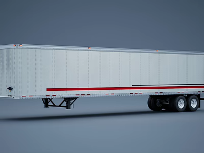 White Semi Cargo Trailer With Red Stripe And Black Wheels On Gray Background 3d model