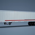 White Semi Cargo Trailer With Red Stripe And Black Wheels On Gray Background