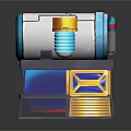 3D Rendered Mechanical Device With Silver Blue Cylindrical Body And Blue Yellow Square Base