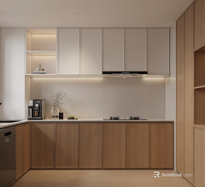 Modern Kitchen Interior With Wooden Cabinets White Countertop And Coffee Maker 3d model 