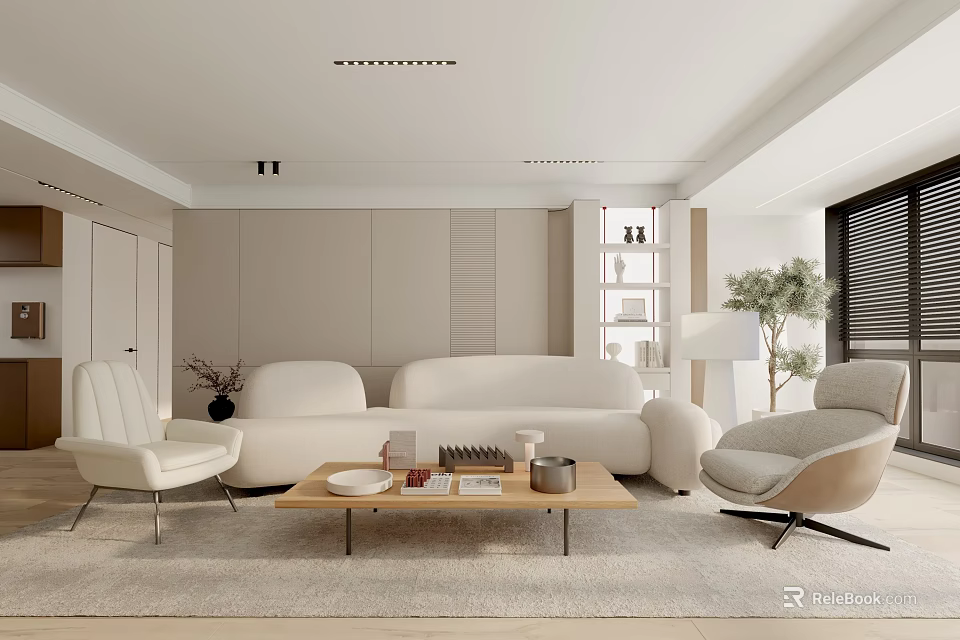 Minimalist Living Room Interior With White Sofa Coffee Table Armchair Floor Lamp And Bookshelf 3d model 