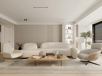 Minimalist Living Room Interior With White Sofa Coffee Table Armchair Floor Lamp And Bookshelf 3d model