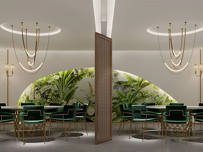 Private Box Interior Design With Green Plant Wall Circular Chandeliers And Green Chairs 3d model