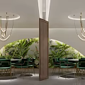 Private Box Interior Design With Green Plant Wall Circular Chandeliers And Green Chairs