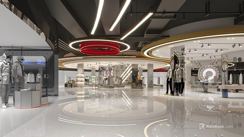 Modern Shopping Mall Lobby With Decorative Ceiling Bright Lighting Polished Floors And Spacious Interior 3d model 