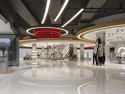 Modern Shopping Mall Lobby With Decorative Ceiling Bright Lighting Polished Floors And Spacious Interior 3d model