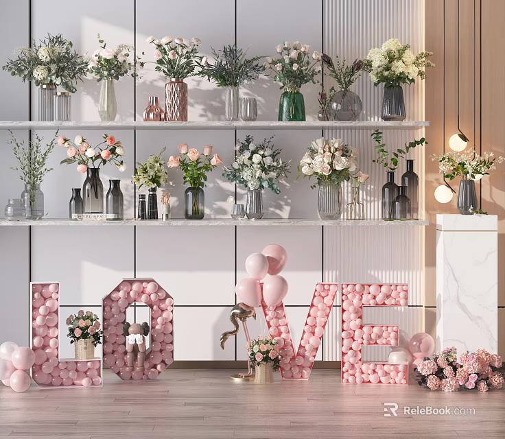 Decorative Floral Vases On Display Shelves With LOVE Letters And Balloons Decoration 3d model 