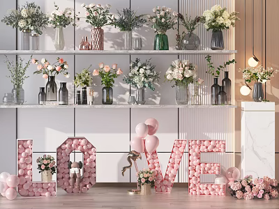 Decorative Floral Vases On Display Shelves With LOVE Letters And Balloons Decoration 3d model
