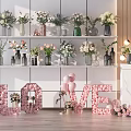 Decorative Floral Vases On Display Shelves With LOVE Letters And Balloons Decoration