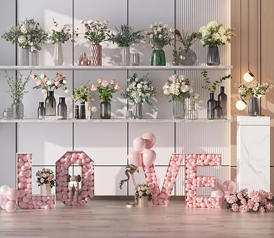 Decorative Floral Vases On Display Shelves With LOVE Letters And Balloons Decoration 3d model