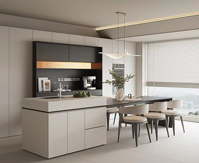 Modern Restaurant Kitchen Interior Design With Island Counter Black White Cabinets And Hanging Light 3d model