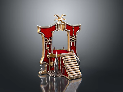 Ornate Red And Gold Decorative Gate Structure With Staircase And Metal Accents 3d model
