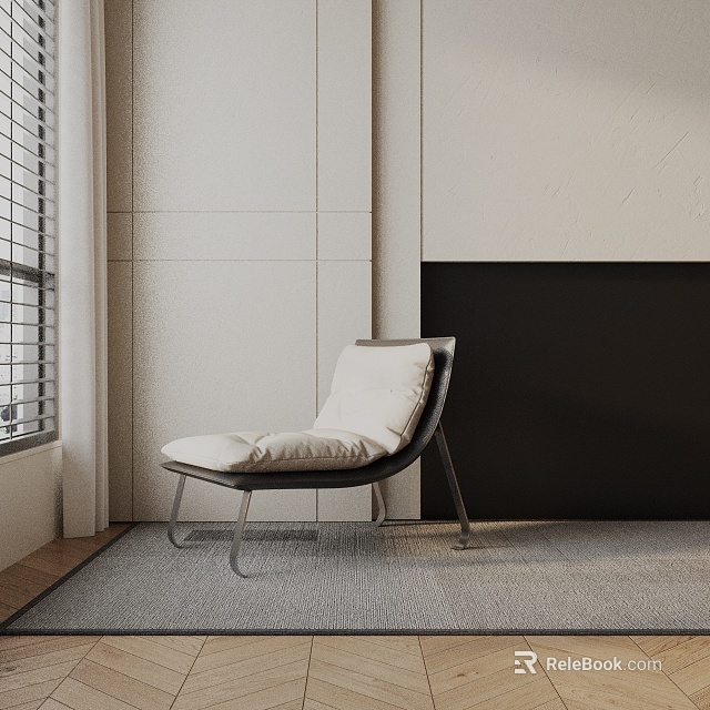 Light Accent Chair with Cushion Metal Legs by Window White Dark Walls and Gray Carpet 3d model 