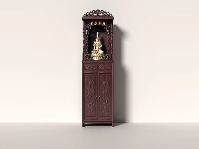 Traditional Wooden Carved Buddhist Shrine Cabinet with Decorative Design and Buddha Statue 3d model