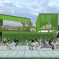 Green Modern Two Story Container Building With Outdoor Cafe Seating And People