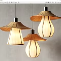 Three Mushroom Shaped Wooden Pendant Lights With Natural Fabric Shades