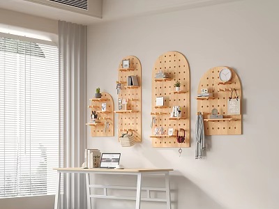 Minimalist Wood Pegboard Wall Decor with Varied Shapes in Home Office 3d model