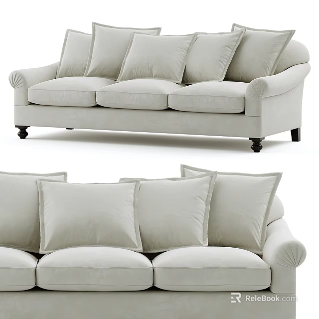 Comfortable Upholstered Three Seater Sofa With Soft Cushions And Wooden Legs 3d model 
