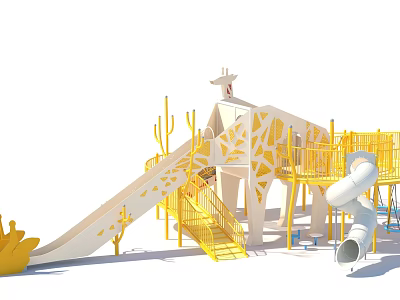 Playful Garden Landscape With Yellow Slide Cactus Shaped Structures And Playground 3d model