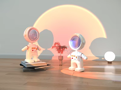 Astronaut Dolls With Sunset Inspired Circular Light Shadow Plant Books Stack And Round Lamp 3d model