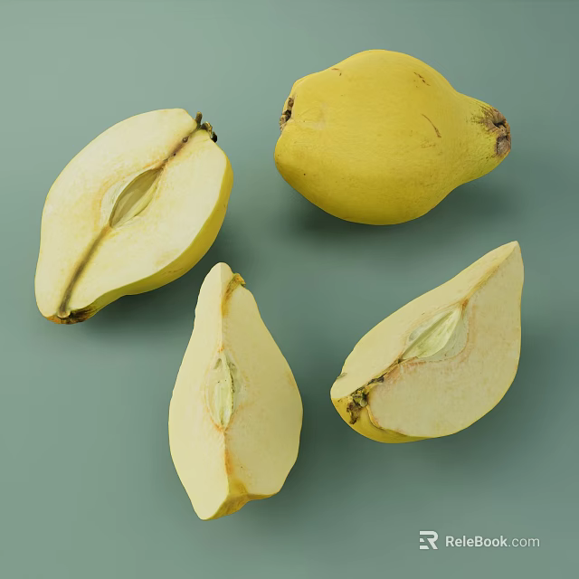 Fresh Yellow Pears Whole and Sliced Showing Inner Structure on Light Green Background 3d model 