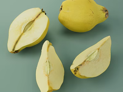 Fresh Yellow Pears Whole and Sliced Showing Inner Structure on Light Green Background 3d model