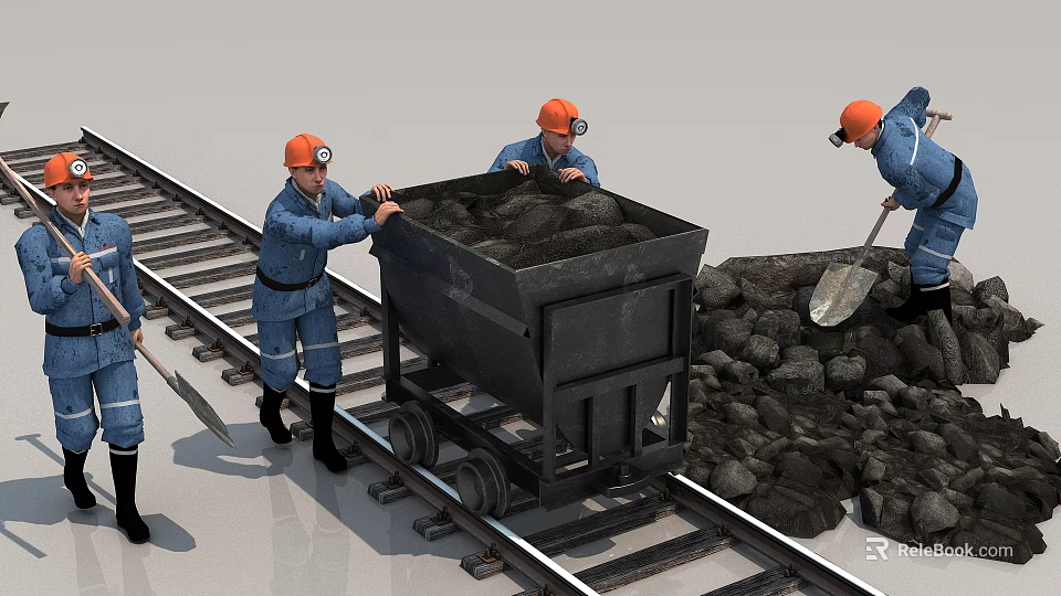 Game Movie Characters Pushing Coal Cart on Rail Tracks with Blue Uniforms and Orange Hats 3d model 
