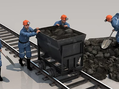 Game Movie Characters Pushing Coal Cart on Rail Tracks with Blue Uniforms and Orange Hats 3d model