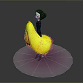 Woman With Short Black Hair In Black Top On Yellow Fluffy Object Purple Circular Platform