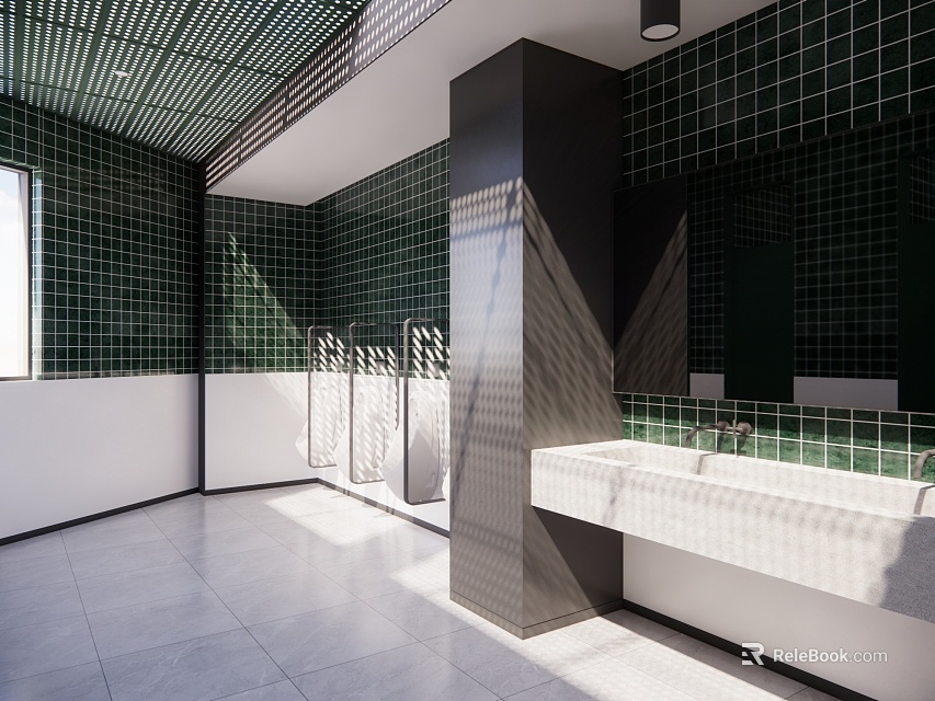 Modern Public Toilet With Green Tiles White Sink Mirror Window And Bright Lighting 3d model 