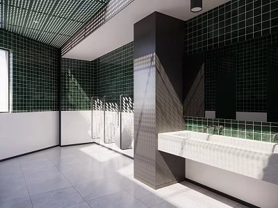 Modern Public Toilet With Green Tiles White Sink Mirror Window And Bright Lighting 3d model
