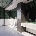 Modern Public Toilet With Green Tiles White Sink Mirror Window And Bright Lighting