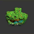 Enchanted Floating Island With Small House Green Tree Red Fruits And Vines