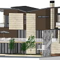 Modern Detached Villa With Black Roof Large Windows Stone Exterior Balcony And White Car