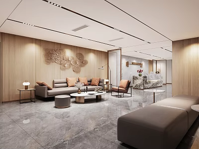 Modern Elegant Hotel Lobby Interior With Wooden Walls Sofa Coffee Tables Chair And Reception Desk 3d model