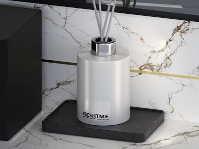Silver Fragrance Diffuser Bottle With Reeds Fresh Time On Black Tray Marble Background 3d model