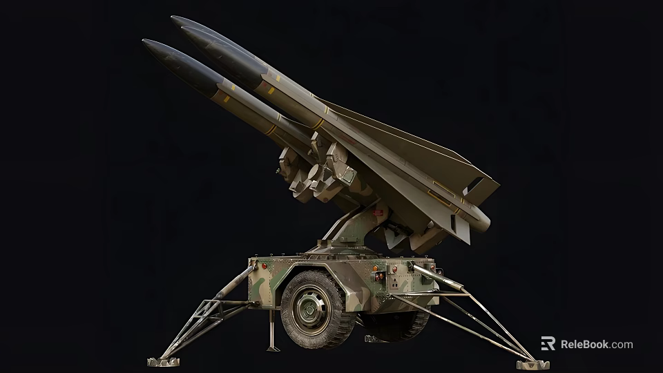 Military Missile Launcher Weapon System With Camouflage Wheeled Chassis Support Legs And Elevated Missiles 3d model 