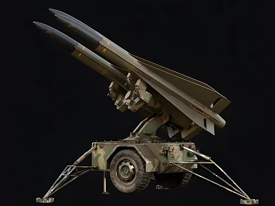 Military Missile Launcher Weapon System With Camouflage Wheeled Chassis Support Legs And Elevated Missiles 3d model