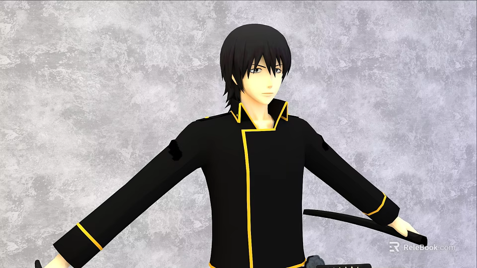 Game And Movie Character In Black Outfit With Yellow Trim Holding Sword 3d model 