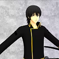 Game And Movie Character In Black Outfit With Yellow Trim Holding Sword